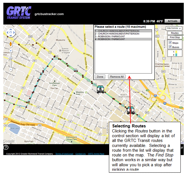Selecting Routes - Clicking the Routes button in the control section will display a list of all the GRTC routes.  Selecting a route from the list will display that route on the map.  The Find Stop button works in a similar way but will allow you to pick a stop after picking a route.