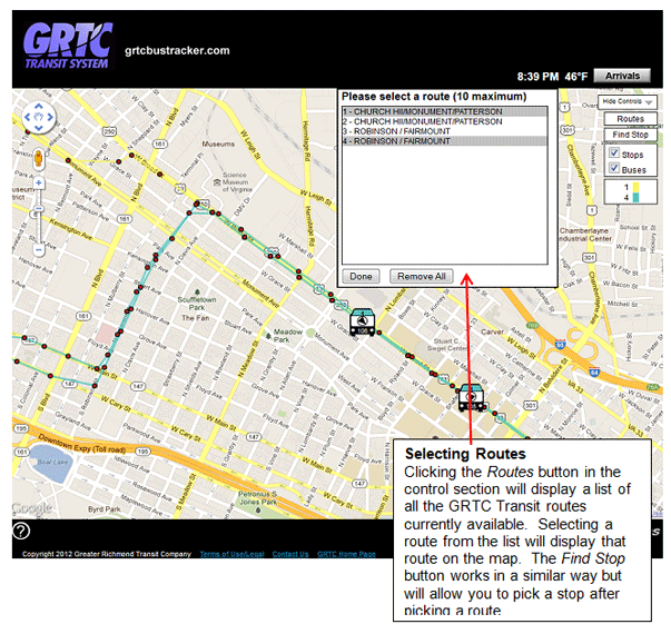 Selecting Routes - Clicking the Routes button in the control section will display a list of all the GRTC routes. Selecting a route from the list will display that route on the map. The Find Stop button works in a similar way but will allow you to pick a stop after picking a route.